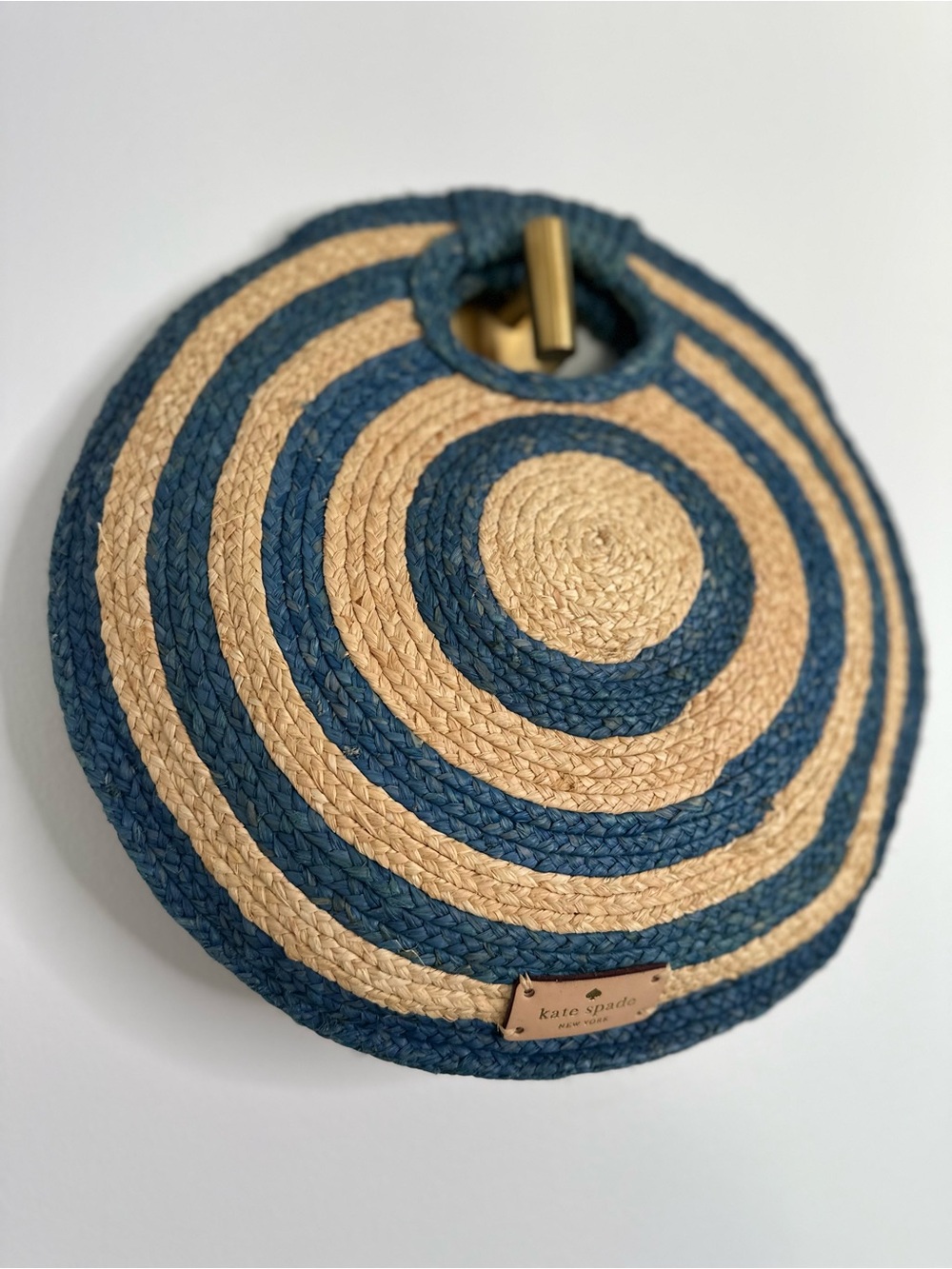 Kate Spade Round Raffia Straw Tote Blue Natural Woven Circle Bag 15” Rare - Picture 3 of 14